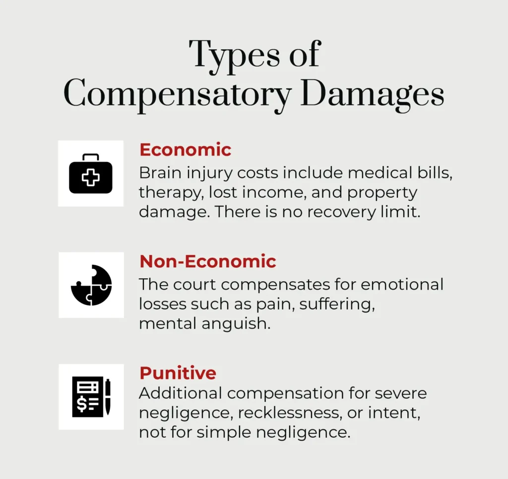 An infographic listing out the different types of compensatory damages an accident victim may be rewarded after a brain injury. 