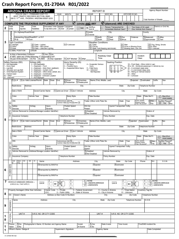 A screenshot of the first page of an Arizona Traffic Accident report.